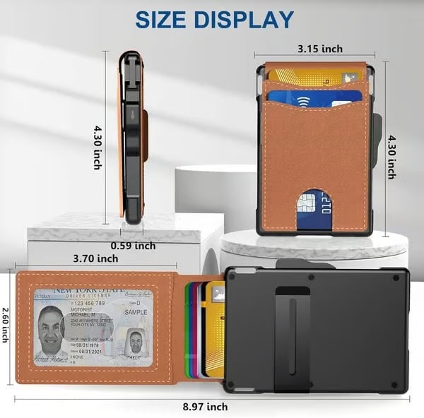 Minimalist Slim Wallet for Men – Holds 9–13 Cards, RFID Blocking Aluminum Bifold with Pop-Up Card Access, Built-In Money Clip & ID Window