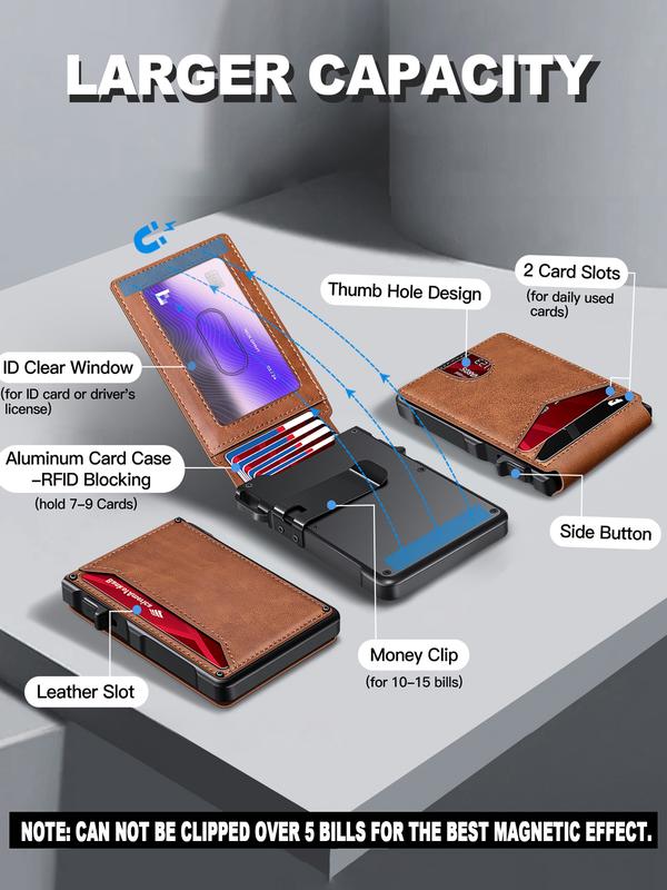 Minimalist Slim Wallet for Men – Holds 9–13 Cards, RFID Blocking Aluminum Bifold with Pop-Up Card Access, Built-In Money Clip & ID Window