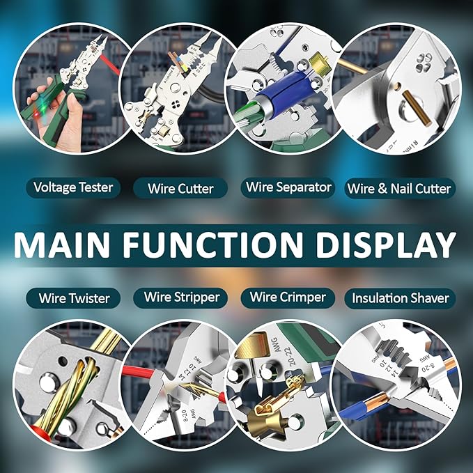 16 in 1 Wire Stripper Twister for Cutting and Pulling Wires,Cable Scissors,Voltage Tester Pliers, 12V to 250V Live,Null,Hot Wire Judgment AC DC, Audible and Flashing LED Alarms
