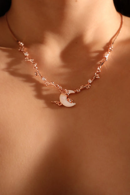 “Rose Gold Tone Plated Diamonds & Natural Shell Moon Necklace”