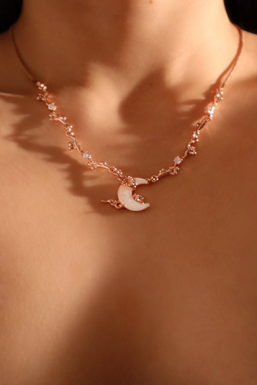 “Rose Gold Tone Plated Diamonds & Natural Shell Moon Necklace”