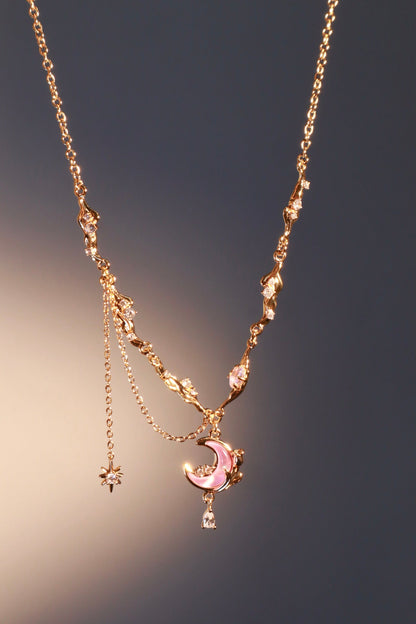 Gold-Tone Sparkle Rose Moon Necklace – Elegant Celestial Pendant