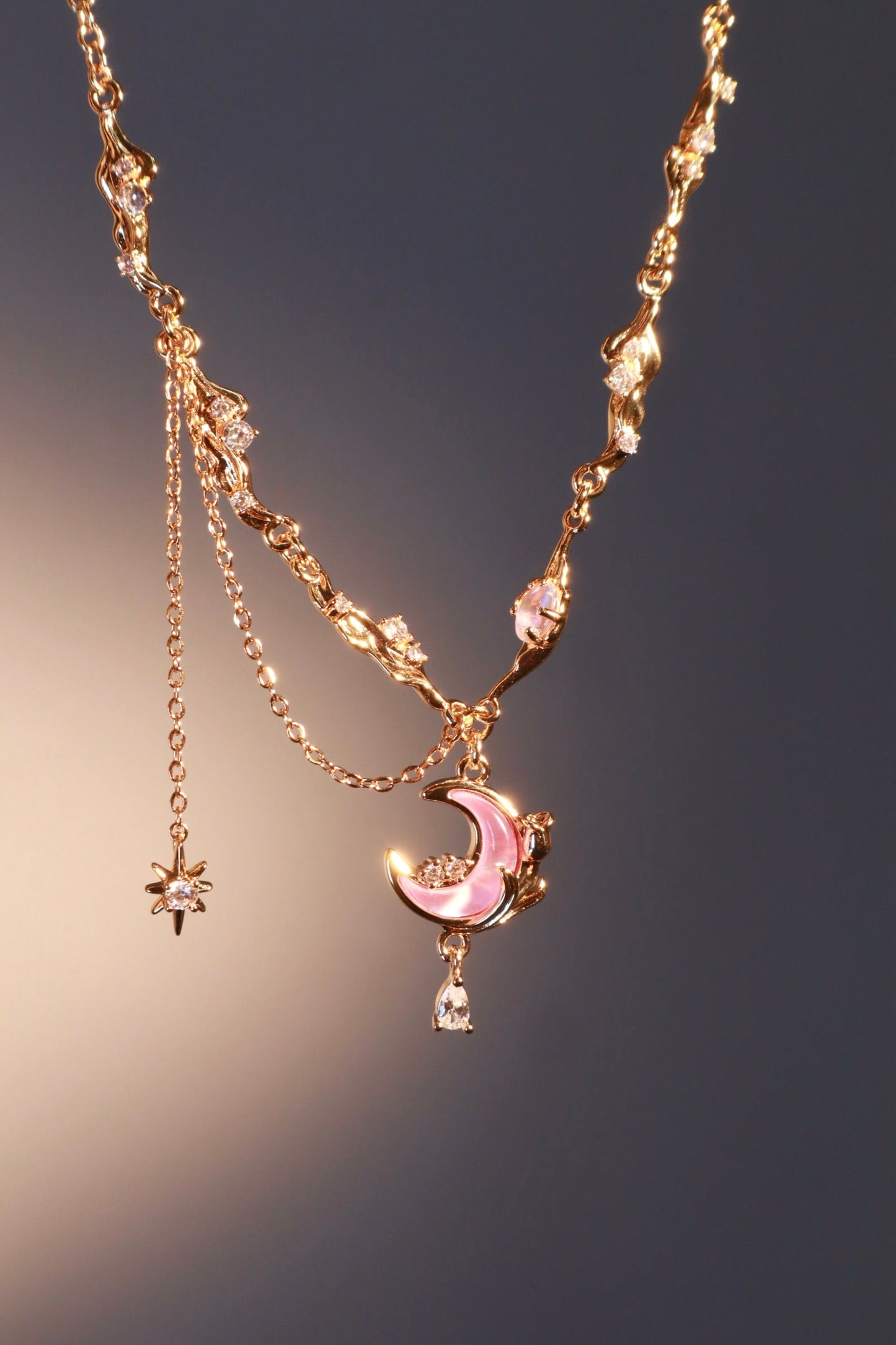Gold-Tone Sparkle Rose Moon Necklace – Elegant Celestial Pendant