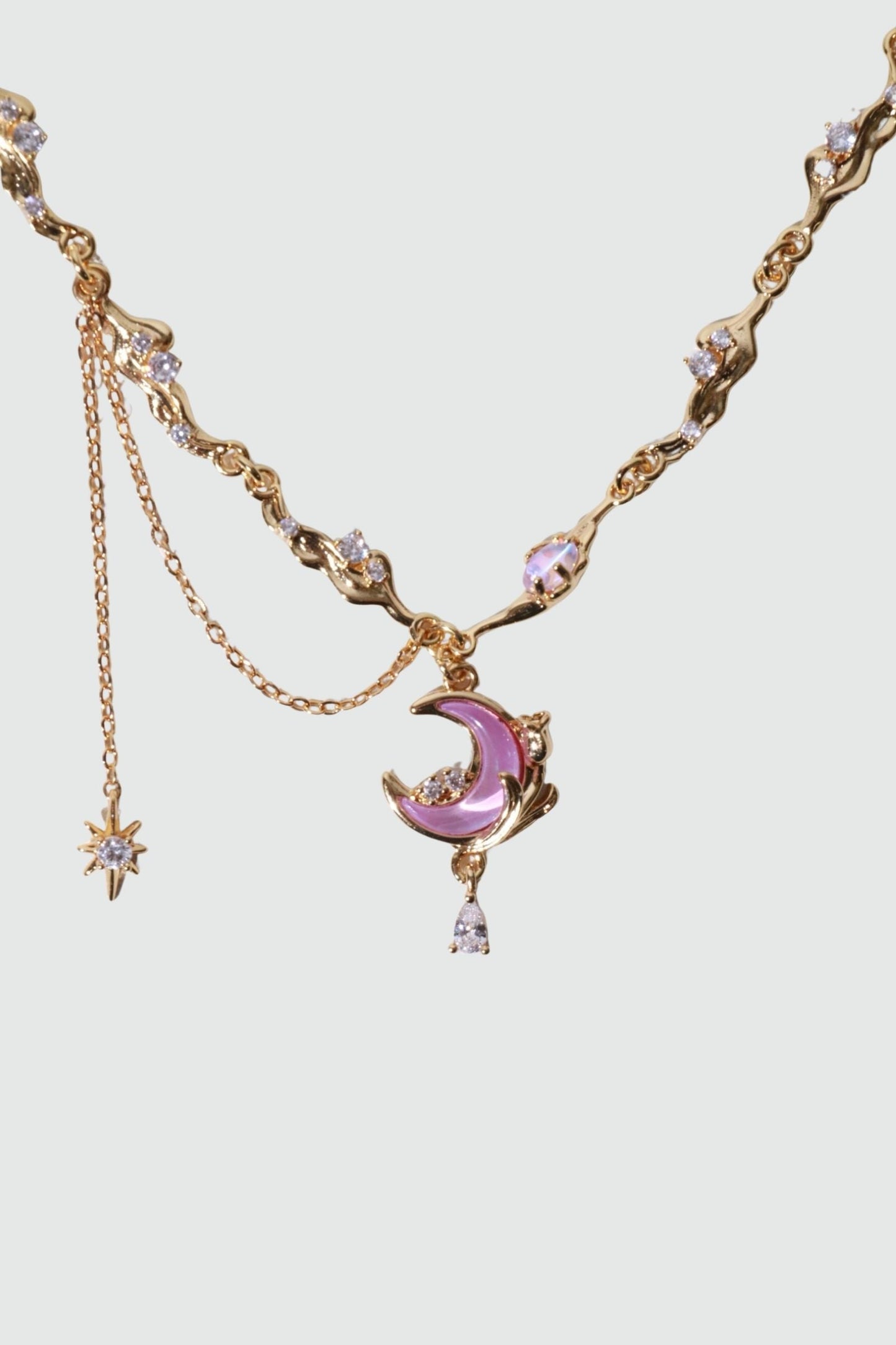 Gold-Tone Sparkle Rose Moon Necklace – Elegant Celestial Pendant