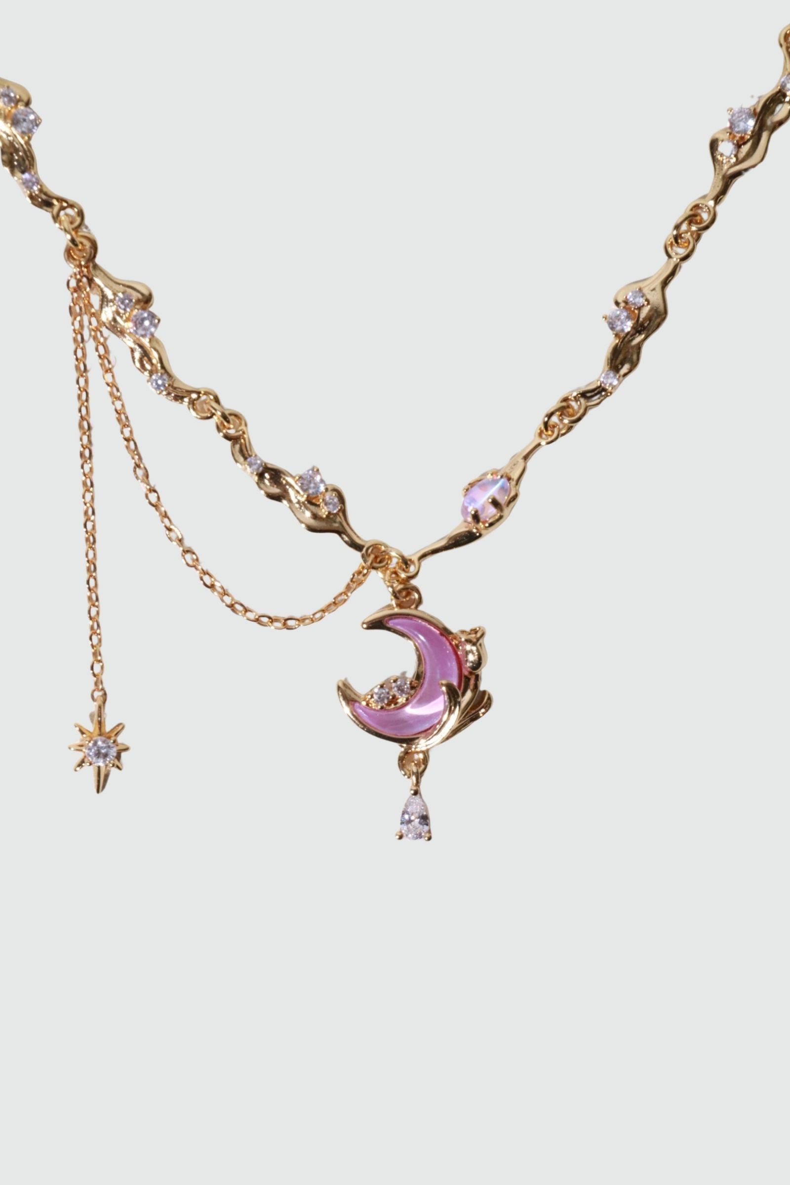Gold-Tone Sparkle Rose Moon Necklace – Elegant Celestial Pendant