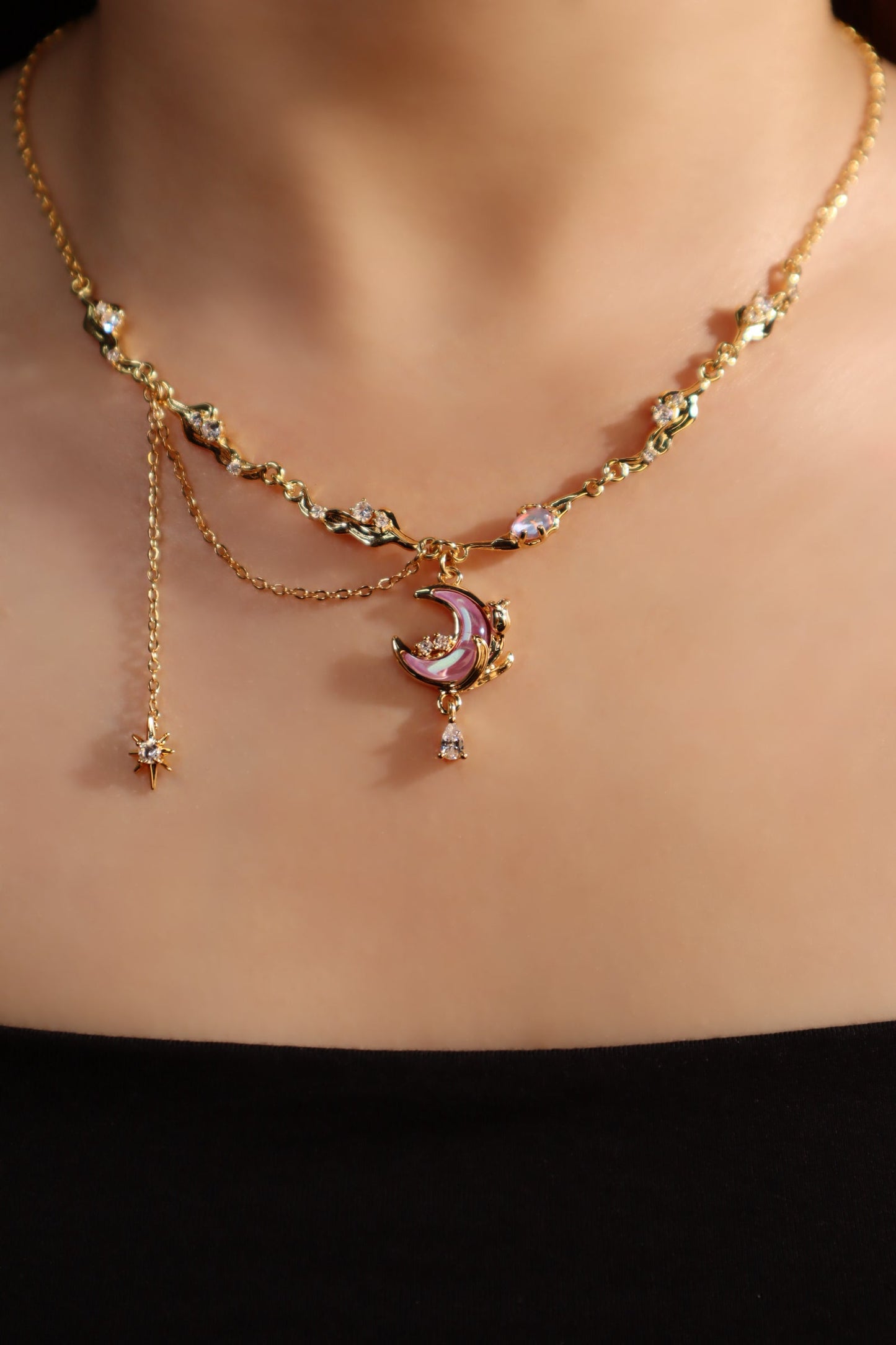 Gold-Tone Sparkle Rose Moon Necklace – Elegant Celestial Pendant