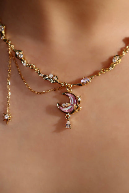 Gold-Tone Sparkle Rose Moon Necklace – Elegant Celestial Pendant