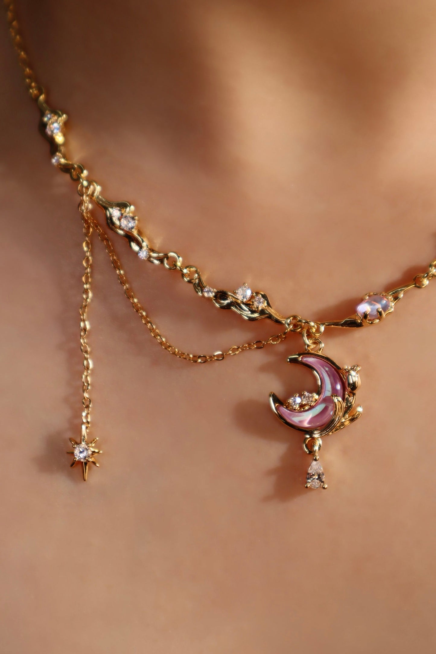 Gold-Tone Sparkle Rose Moon Necklace – Elegant Celestial Pendant