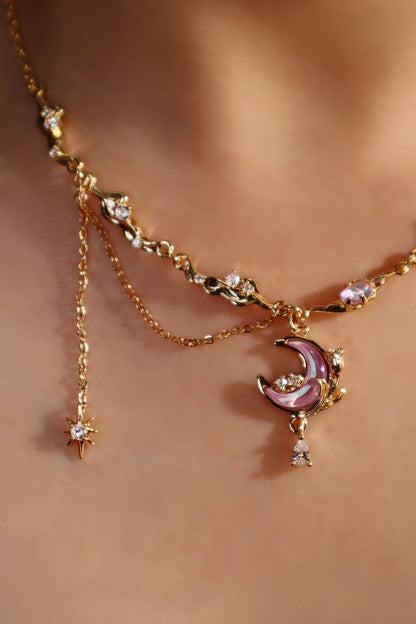 Gold-Tone Sparkle Rose Moon Necklace – Elegant Celestial Pendant