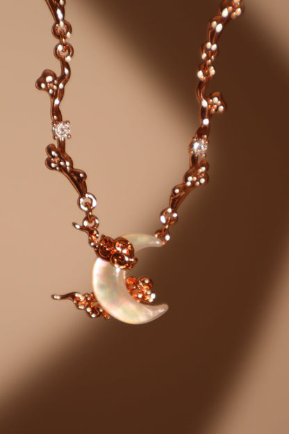 “Rose Gold Tone Plated Diamonds & Natural Shell Moon Necklace”