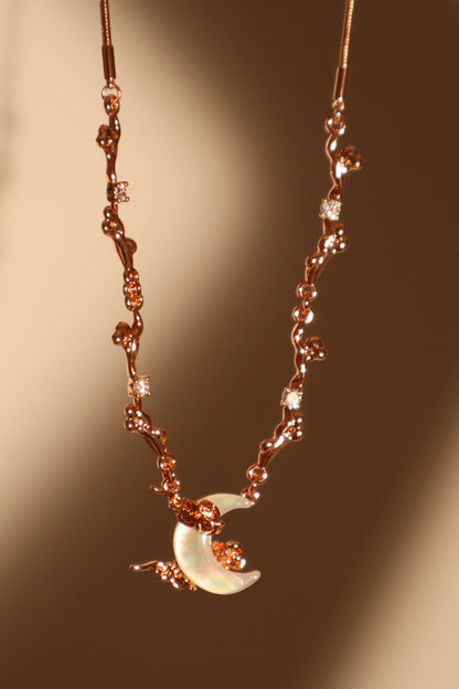 “Rose Gold Tone Plated Diamonds & Natural Shell Moon Necklace”