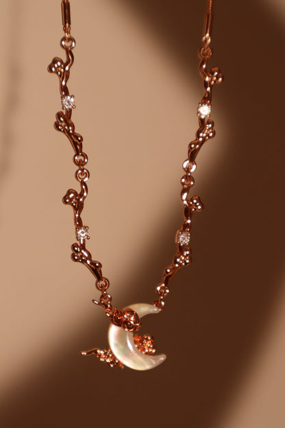 “Rose Gold Tone Plated Diamonds & Natural Shell Moon Necklace”