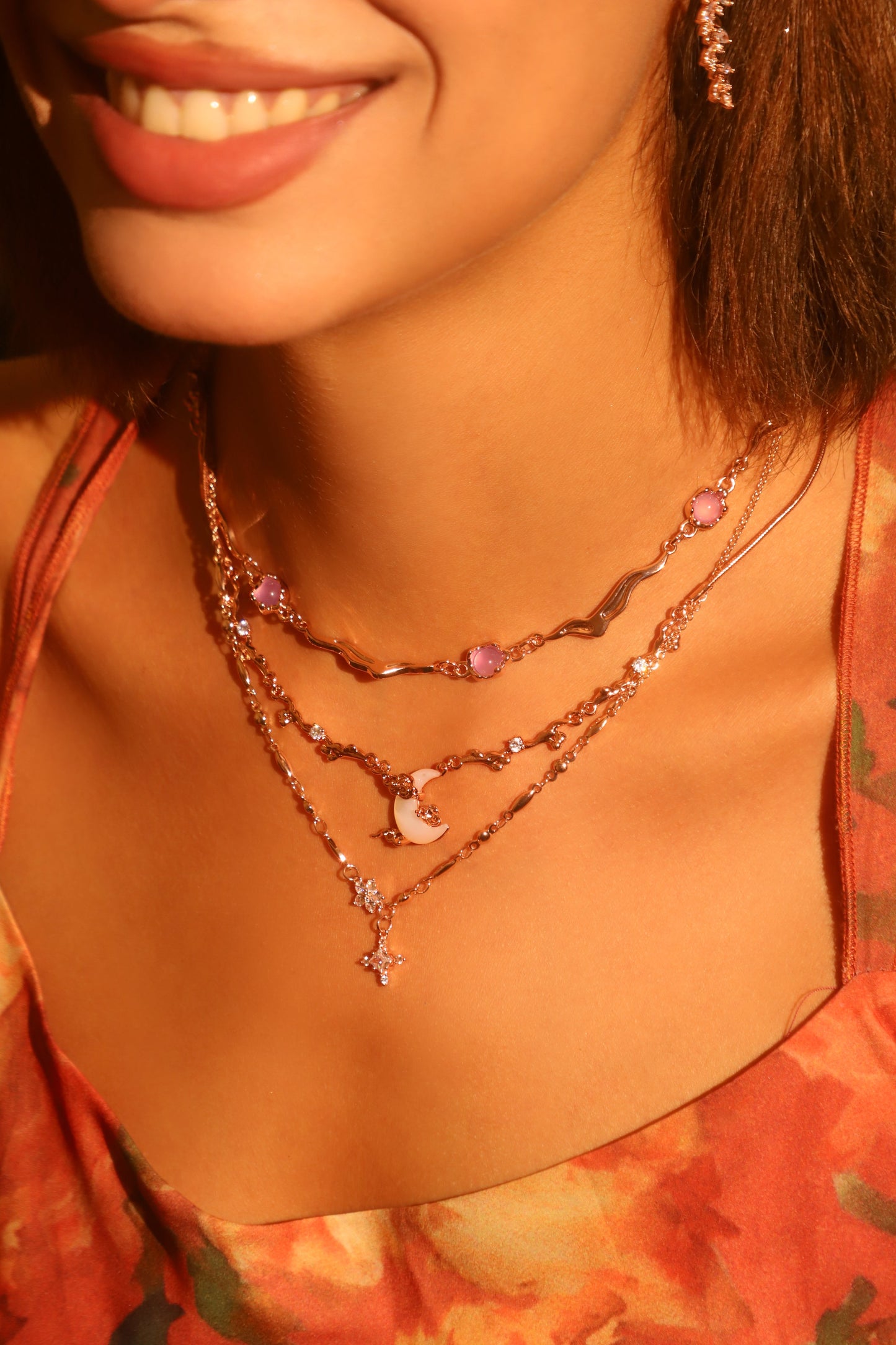 “Rose Gold Tone Plated Diamonds & Natural Shell Moon Necklace”