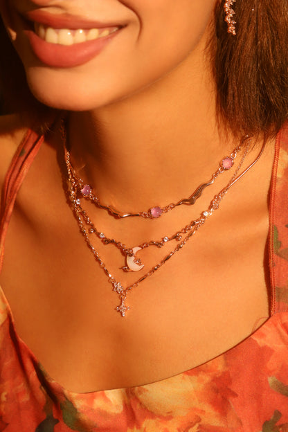 “Rose Gold Tone Plated Diamonds & Natural Shell Moon Necklace”