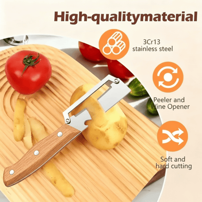 🔪✨Heavy-Duty Stainless Steel Vegetable Peeler with Ergonomic Wood Handle & Built-in Bottle Opener