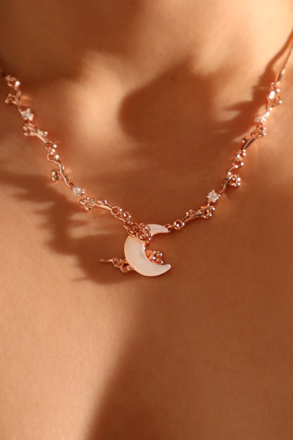 “Rose Gold Tone Plated Diamonds & Natural Shell Moon Necklace”