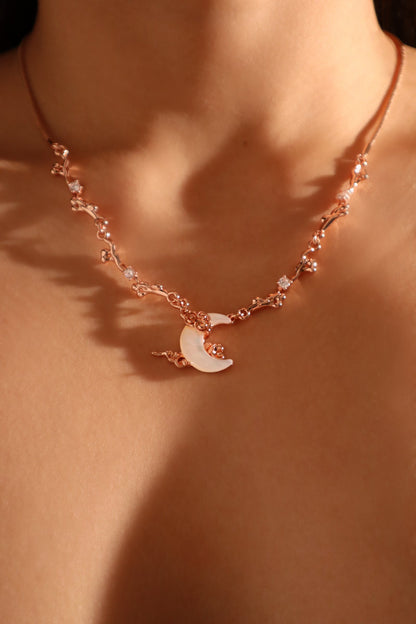 “Rose Gold Tone Plated Diamonds & Natural Shell Moon Necklace”
