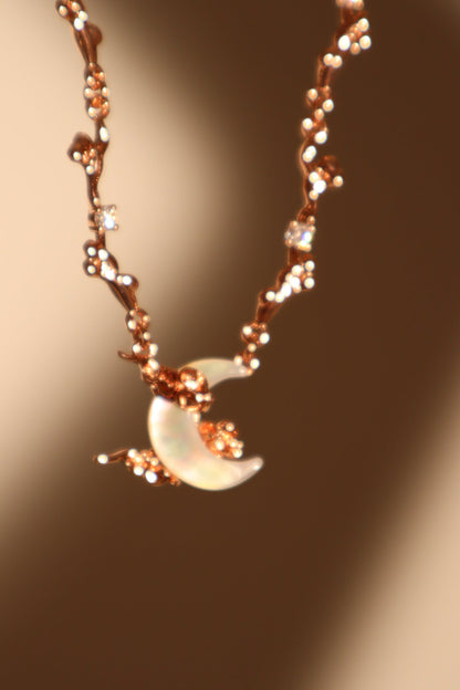 “Rose Gold Tone Plated Diamonds & Natural Shell Moon Necklace”