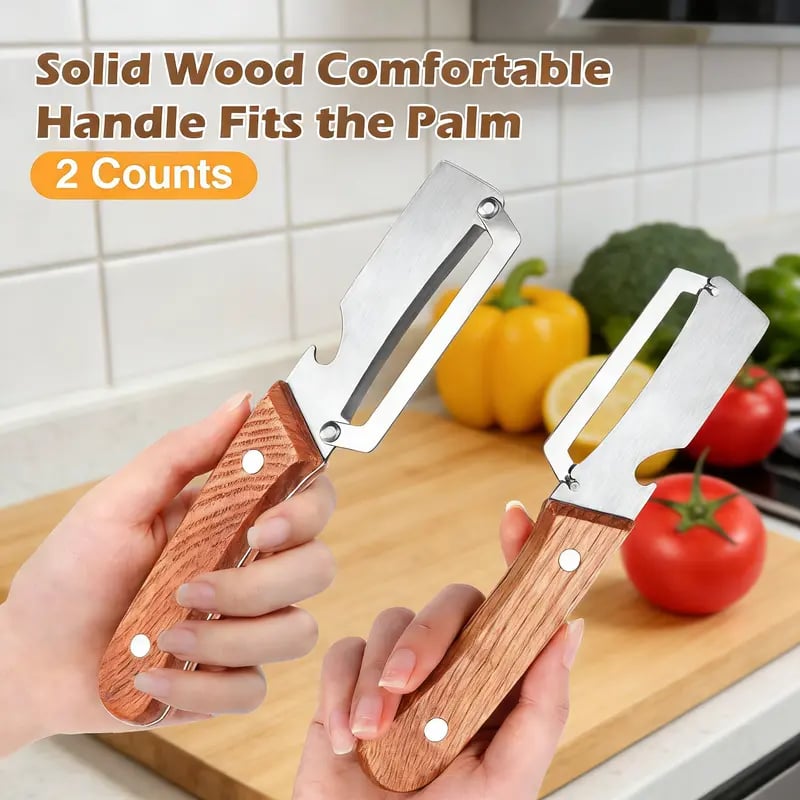 🔪✨Heavy-Duty Stainless Steel Vegetable Peeler with Ergonomic Wood Handle & Built-in Bottle Opener