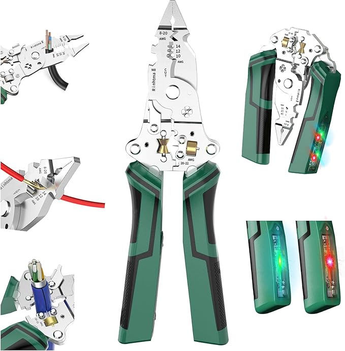 16 in 1 Wire Stripper Twister for Cutting and Pulling Wires,Cable Scissors,Voltage Tester Pliers, 12V to 250V Live,Null,Hot Wire Judgment AC DC, Audible and Flashing LED Alarms